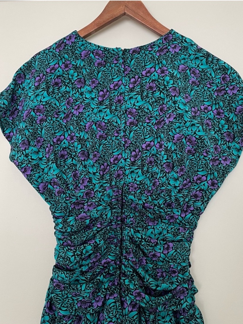 Vintage 80s Union Made Peplum Dress Teal Purple Floral Made in Canada Pantel - Picture 9 of 14